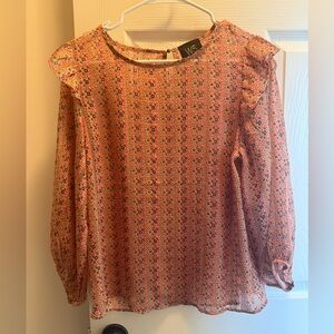 W5 Orange Pink Metallic Patterned Semi Sheer Blouse Top Peasant Sleeves Small